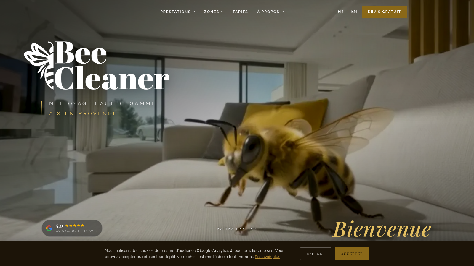 Page d'accueil de Bee Cleaner Aix après la refonte 2026, séquence d'images de synthèse et abeille en scène