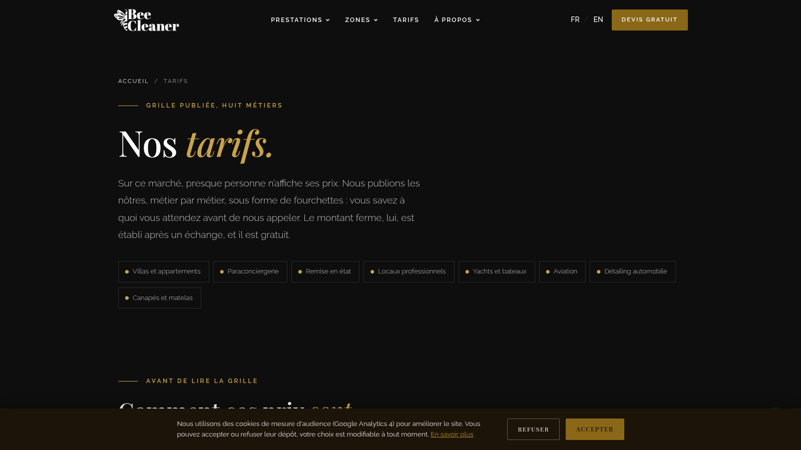 Page tarifs publics de Bee Cleaner Aix, grille par prestation