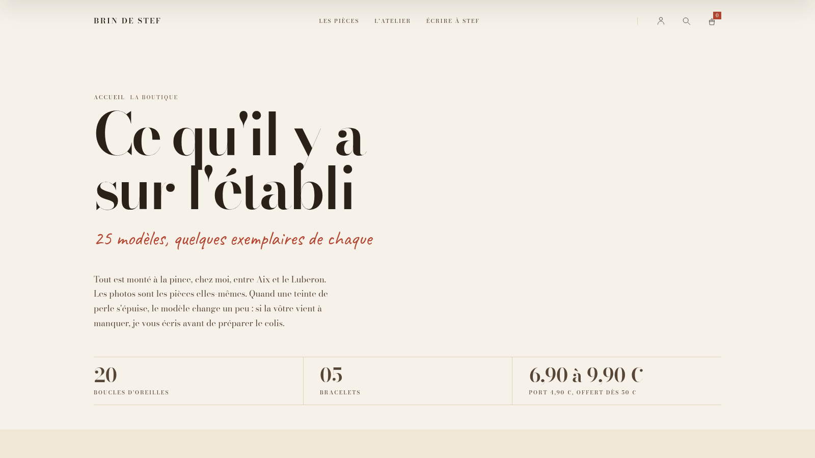 Page boutique de Brin de Stef après refonte, catalogue de 25 pièces