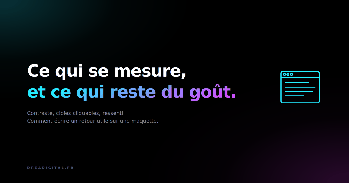 Une maquette de site sur fond noir, un texte gris pâle entouré en cyan avec son rapport de contraste affiché à côté.