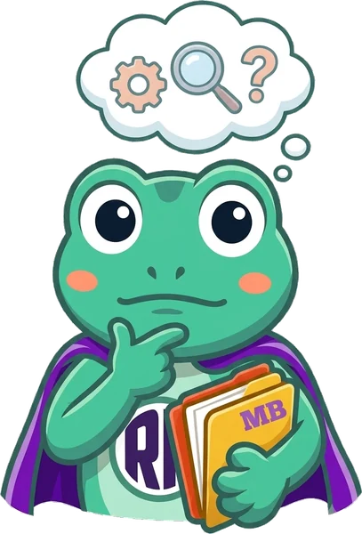 Mascotte Mon Bureau RH pensive, bulle de r&eacute;flexion avec engrenage et loupe