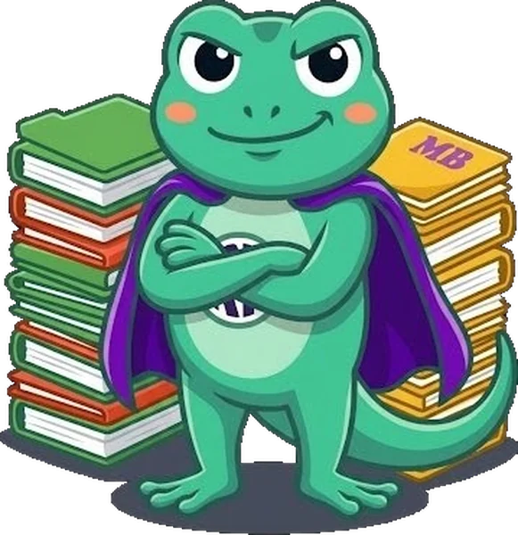 Mascotte Mon Bureau RH bras crois&eacute;s devant des piles de manuels