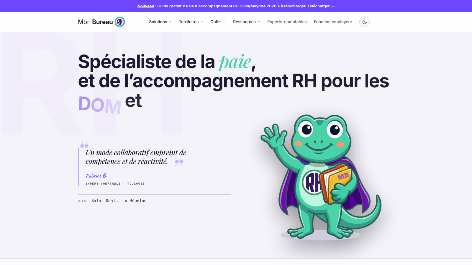 Page d'accueil du nouveau site Mon Bureau RH, avec Ti Margo, la mascotte de la marque