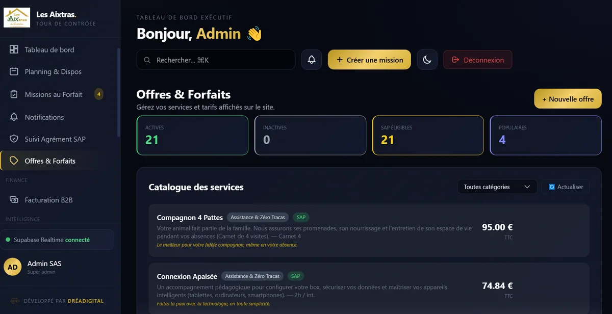 Catalogue de 21 offres pilot&eacute; par le client dans la tour de contr&ocirc;le Les Aixtras, avec suivi d'agr&eacute;ment SAP et synchronisation temps r&eacute;el