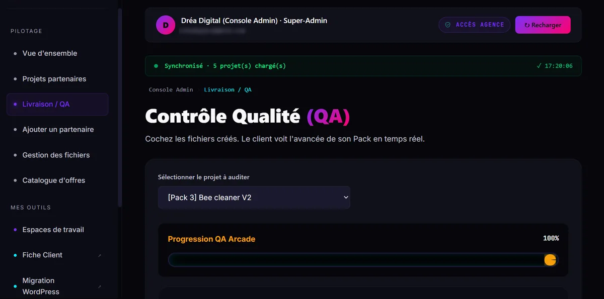 Console d'administration Dr&eacute;a Digital&nbsp;: menu projets partenaires, livraison et contr&ocirc;le qualit&eacute;, catalogue d'offres, espaces de travail, fiche client et migration WordPress, avec le suivi d'avancement ouvert